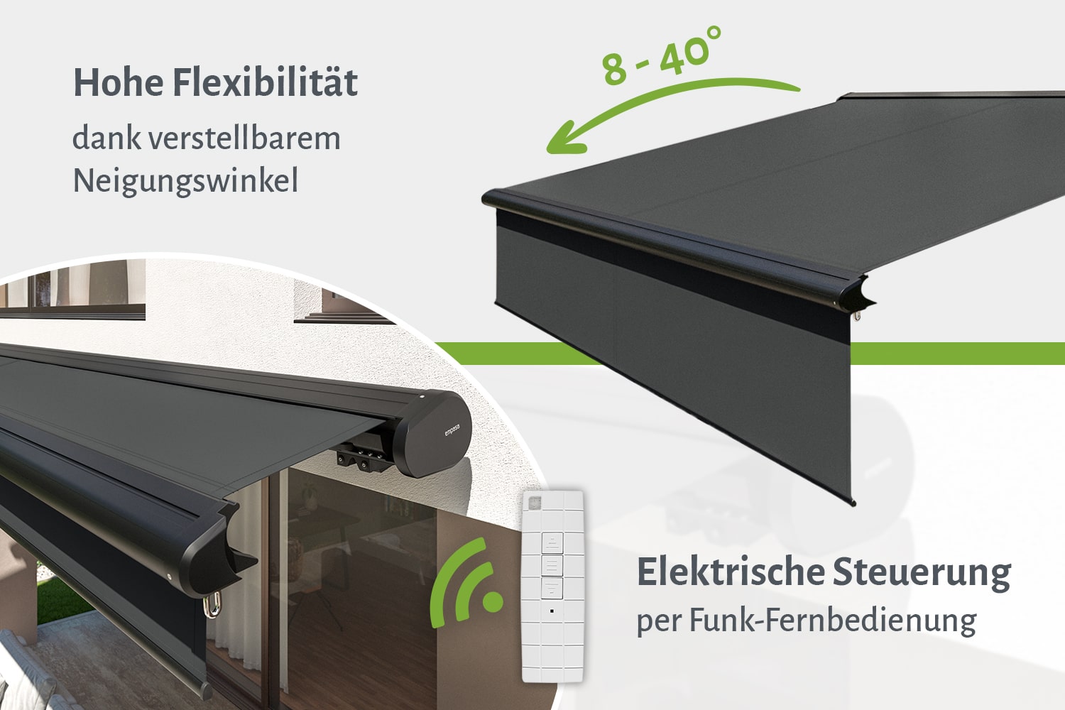 Vollkassettenmarkise "PREMIUM" mit manuellem Volant, Elektrische Steuerung inkl. Fernbedienung