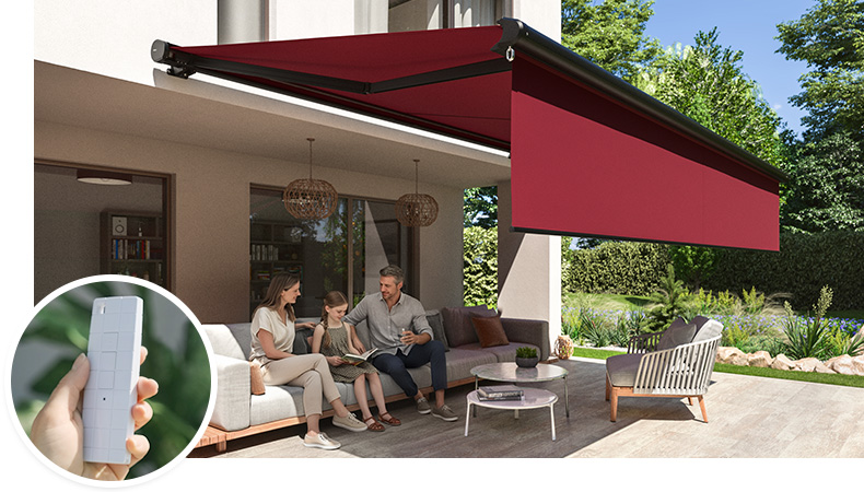 Elektrische Vollkassettenmarkise Premium auf einer Terrasse