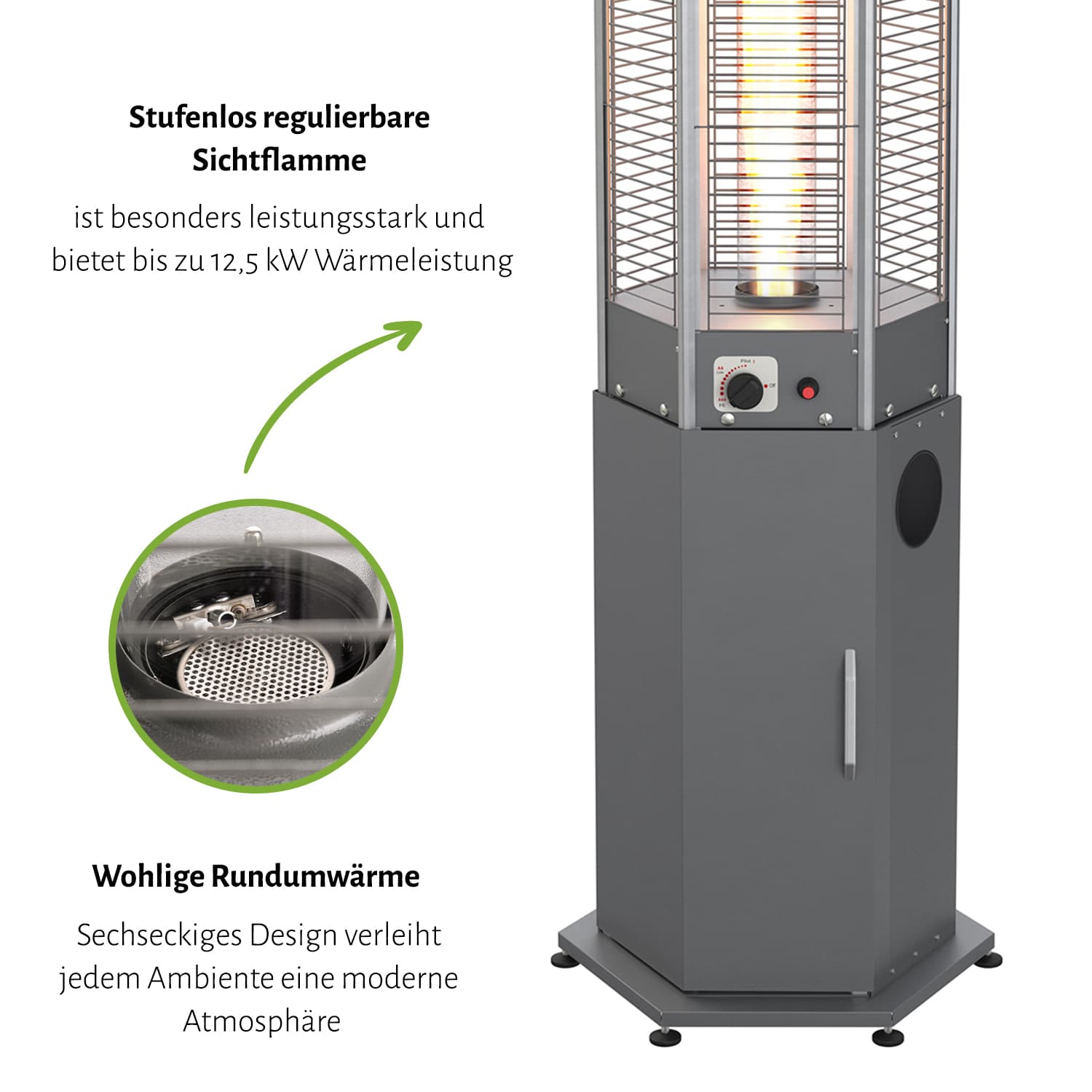 Heizpilz / Gasheizer "HEXA FLAME", wahlweise mit Abdeckhaube