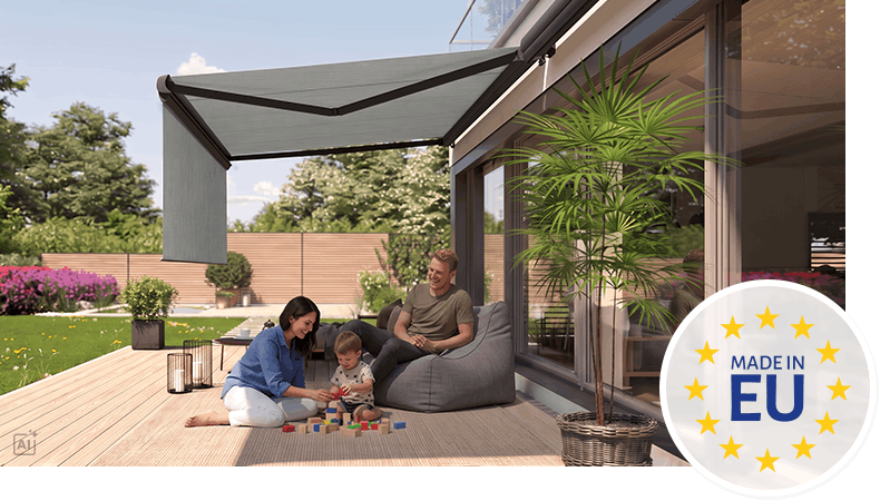 Elektrische Vollkassettenmarkise PROFI auf einer Terrasse