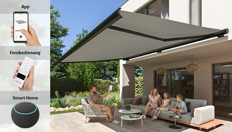 Elektrische Vollkassettenmarkise PROFI auf einer Terrasse