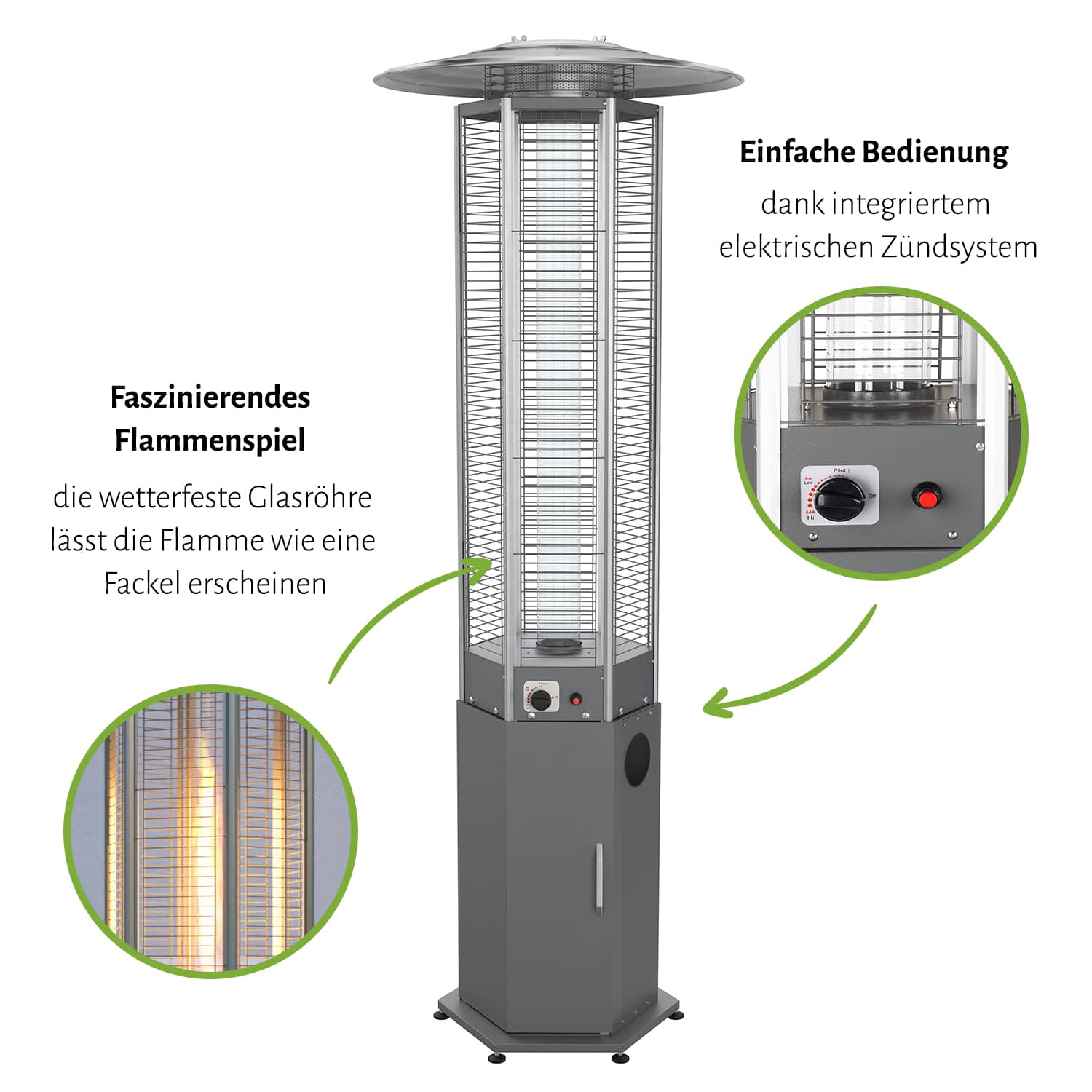 Heizpilz / Gasheizer "HEXA FLAME", wahlweise mit Abdeckhaube