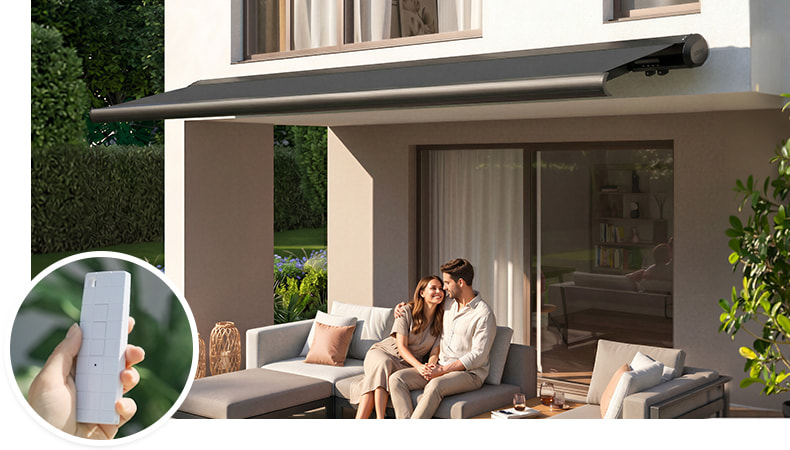 Elektrische Vollkassettenmarkise PROFI auf einer Terrasse
