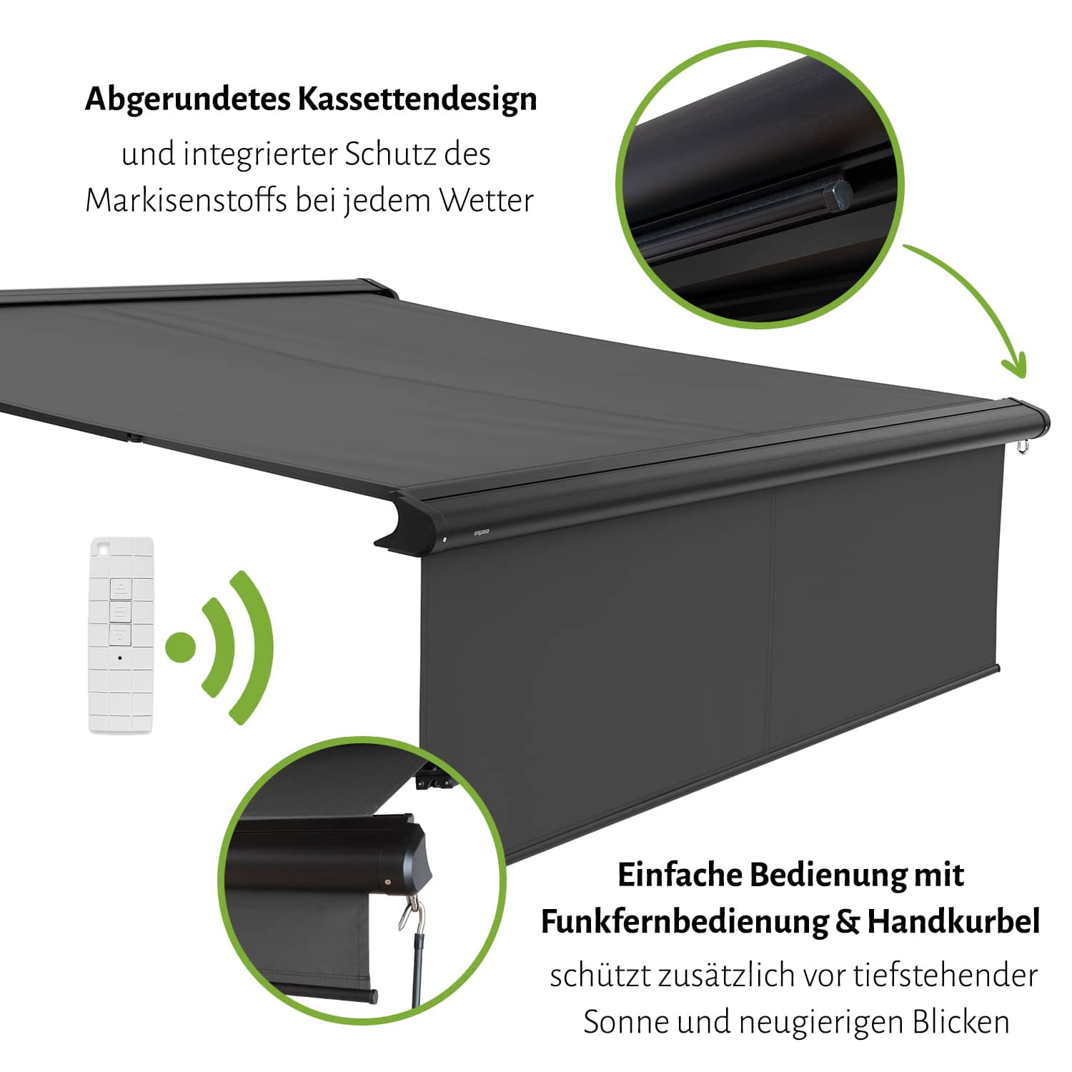 Vollkassettenmarkise "PREMIUM" mit manuellem Volant, elektrisch inkl. Fernbedienung