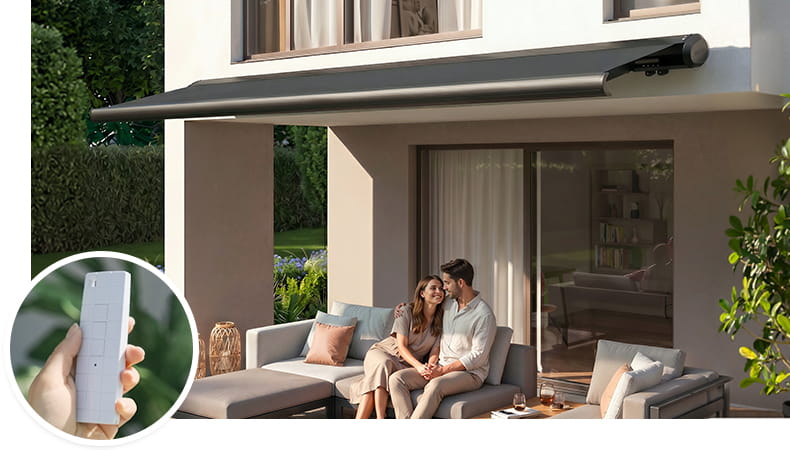 Elektrische Vollkassettenmarkise PROFI auf einer Terrasse