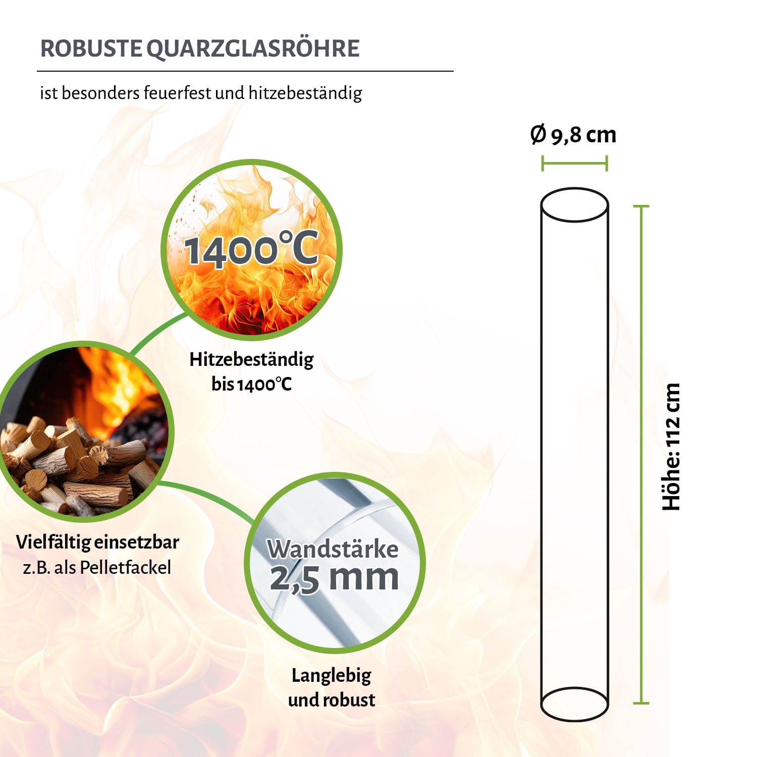 Quarz-Glasröhre, hitzebeständig bis 1400 Grad - 112 cm