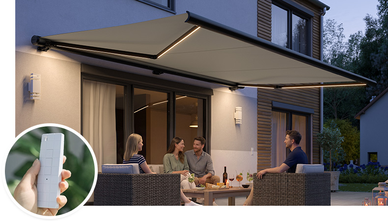 Elektrische Vollkassettenmarkise PROFI auf einer Terrasse