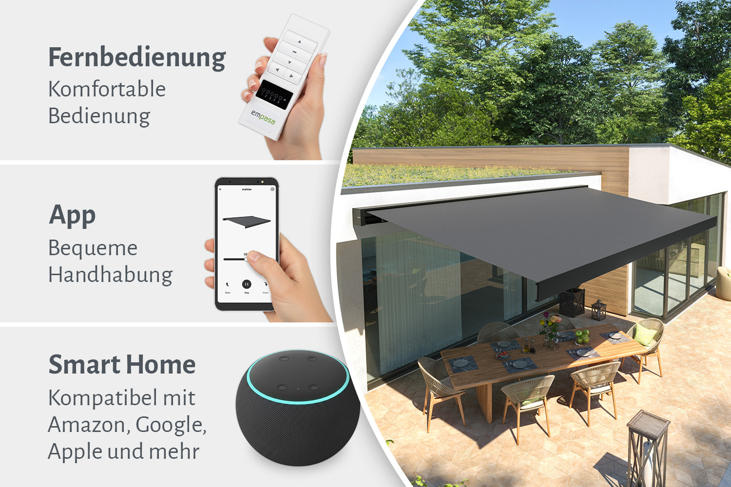 Kubische Vollkassettenmarkise "CUBE ONE", Elektrische Steuerung inkl. Fernbedienung