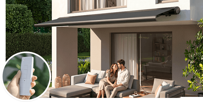 Elektrische Vollkassettenmarkise PROFI auf einer Terrasse