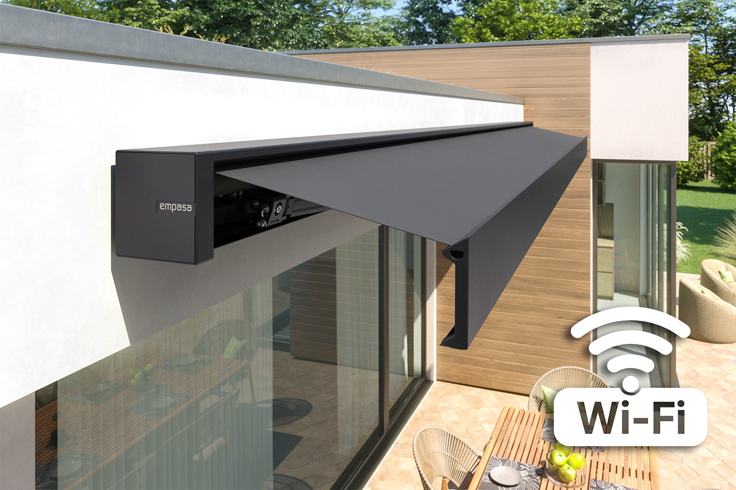 Kubische Vollkassettenmarkise "CUBE ONE", Elektrische Steuerung inkl. Fernbedienung