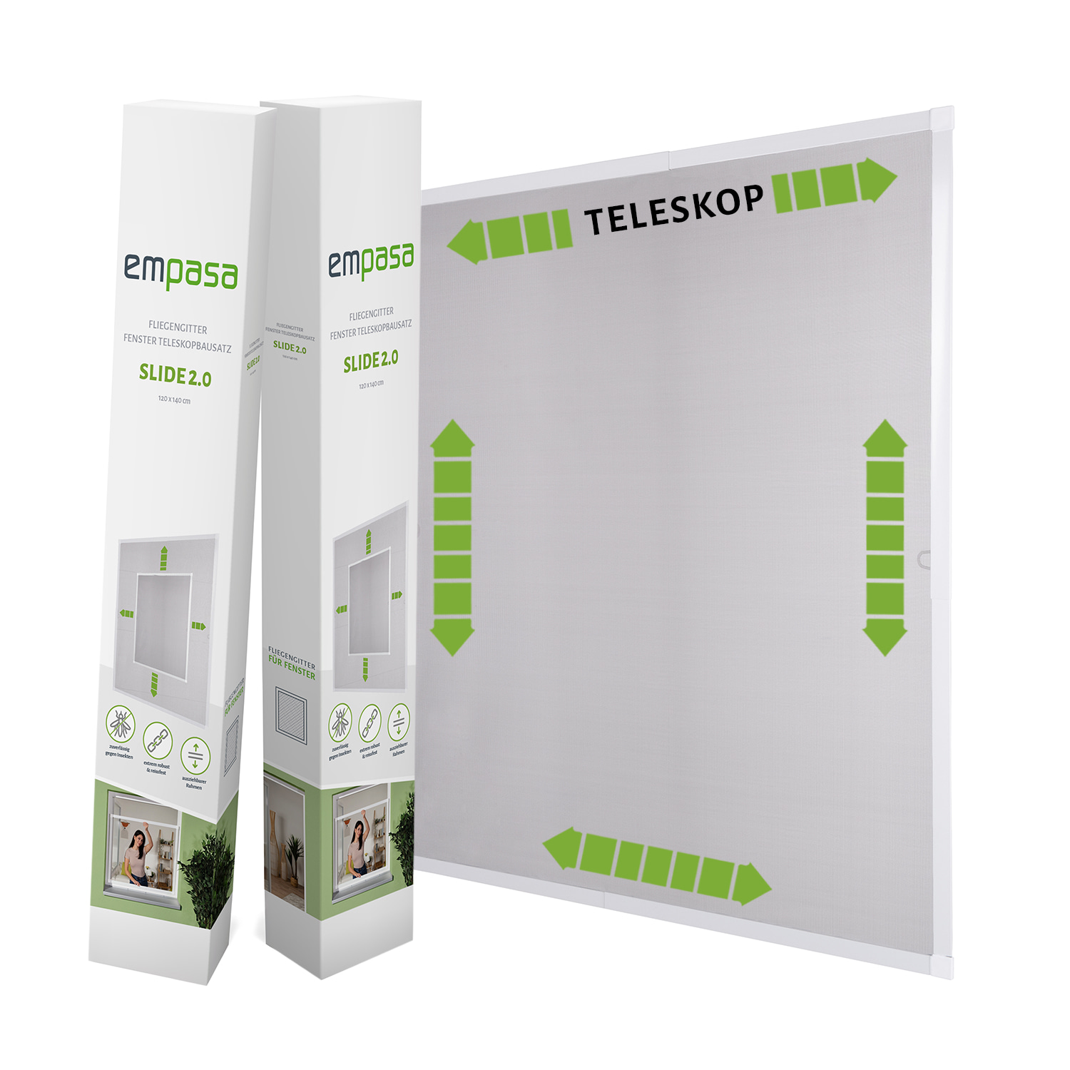 Fliegengitter Fenster Teleskopbausatz "SLIDE 2.0", 120 x 140 cm - Alurahmen amazon, weiß