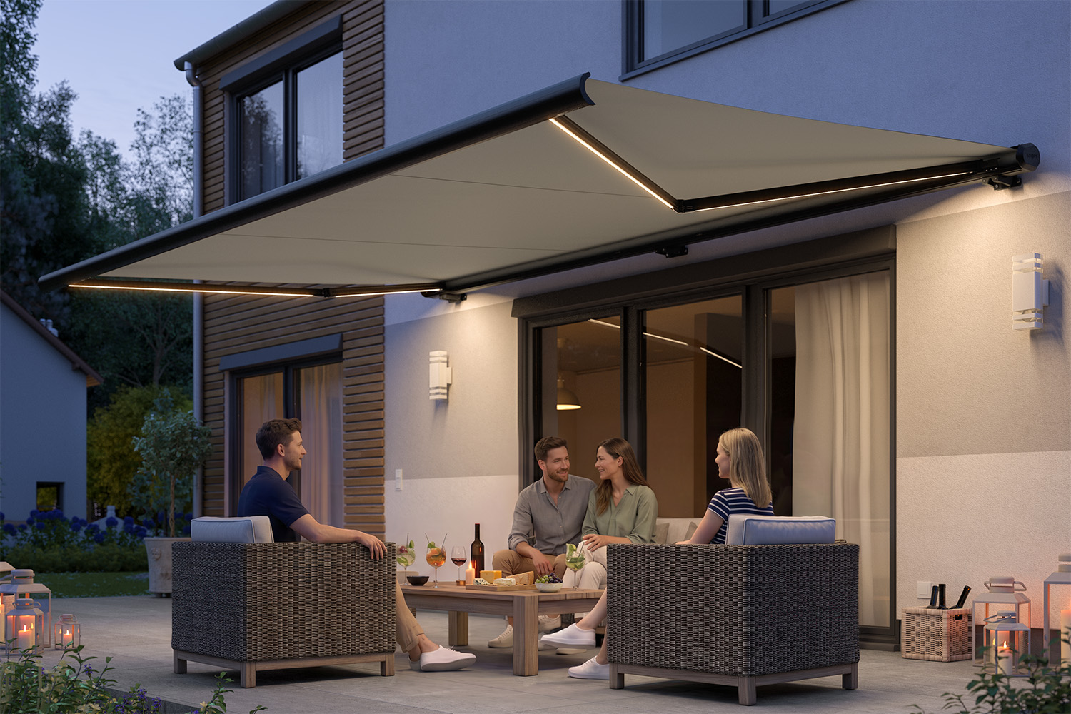 Vollkassettenmarkise "PROFI" mit LED-Beleuchtung, Elektrische Steuerung inkl. Fernbedienung