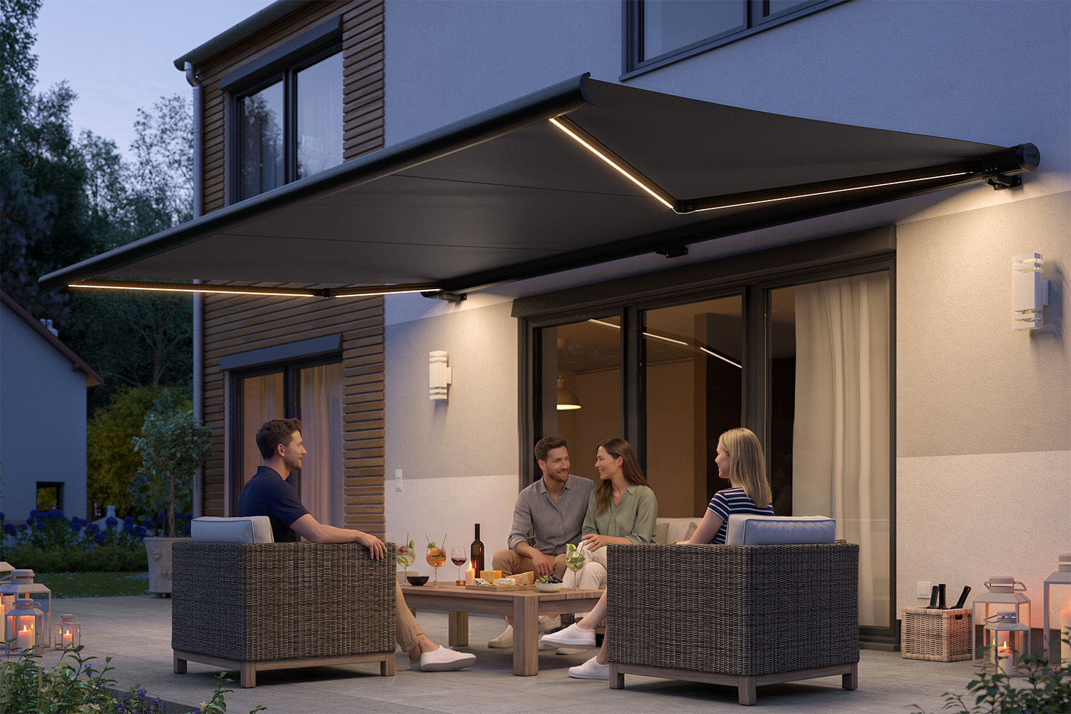 Vollkassettenmarkise "PROFI" mit LED-Beleuchtung, Elektrische Steuerung inkl. Fernbedienung